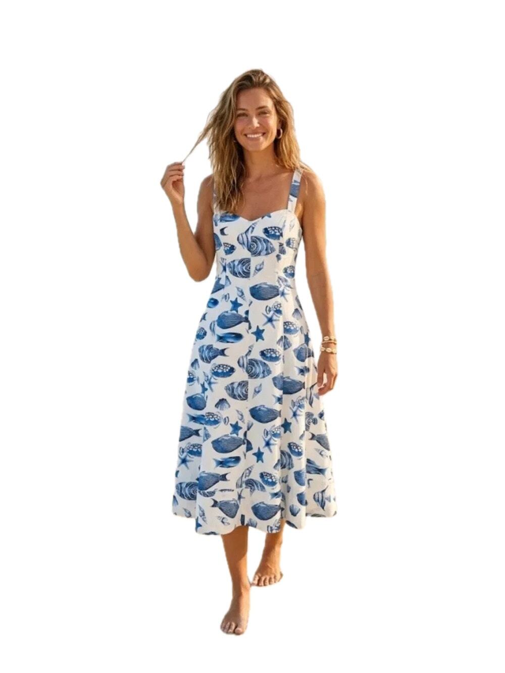 Avec Les Filles Marina Dress Midi Fish Ocean Print Blue White Size 6